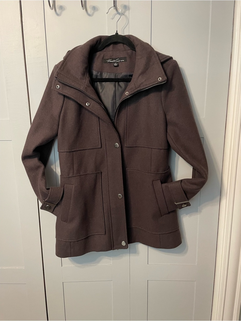 ❤️Coat Sale ! Kenneth Cole New York Grey Wool-Blend Pea Coat with Snap Front